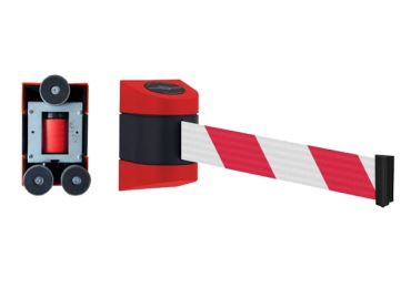 Nástenná kazeta zn. Tensabarrier, červeno-čierna – magnetický úchyt, magnetická koncovka, samonavíjacie pásmo 4,6 | 7,7 | 9 m červeno-biele šrafovanie